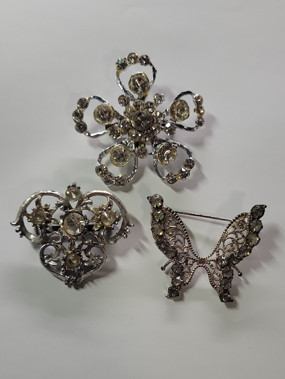 Vintage-Inspired Silver Tone Clear Crystal Flower & Butterfly Brooch Lot